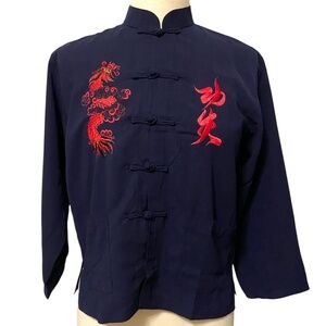 Vintage Kevin-T Dragon Silk Jacket Asian Chinese Style Navy Blue Sz 11 70s 80s